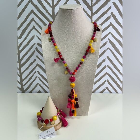 Kate Spade Pretty Poms Colorful Necklace and Bracelet Set Tassels Gold Coins - Picture 1 of 7